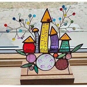 Stained Glass Tea Light Candle Holder Whimsical Trees & Houses City